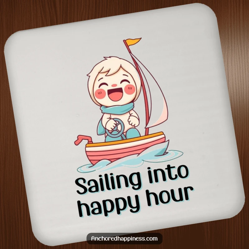 Funny drink coaster with a beaming character giggling while steering a tiny toy sailboat, adding charm to any surface.