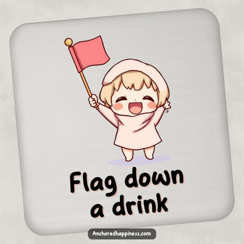 Funny Victory Coaster: A small character excitedly brandishes a tiny, fluffy flag, adding a joyful touch to your drink setup.
