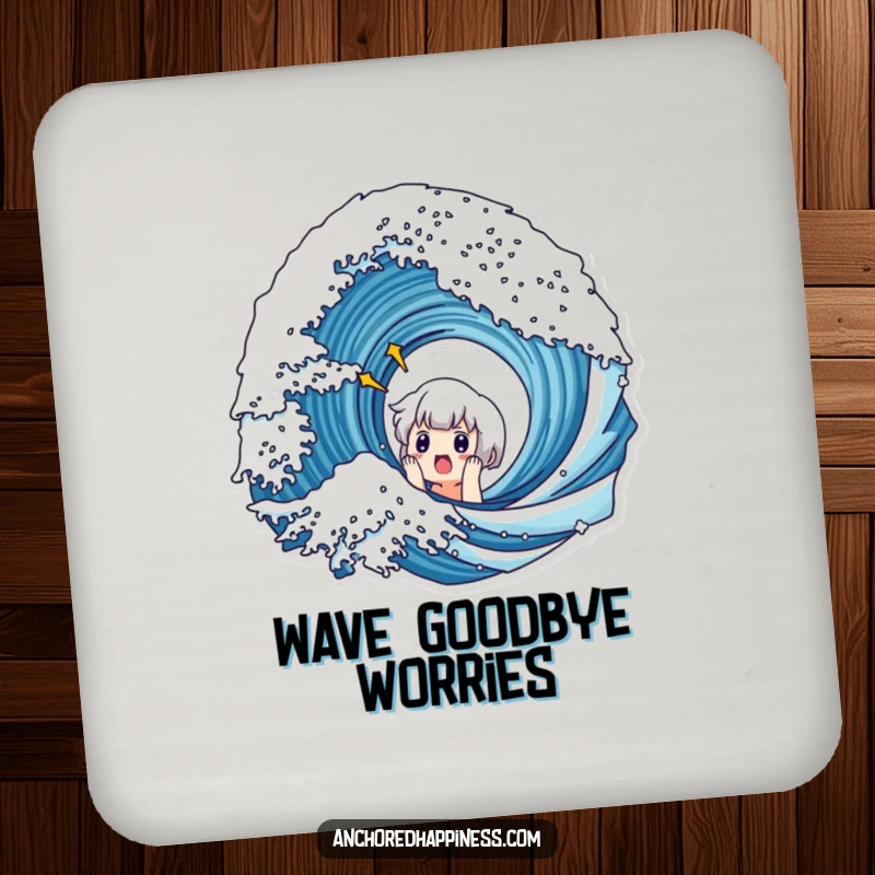Funny drink coasters featuring a cute character looking surprised by a large wave, adding humorous beach flair.