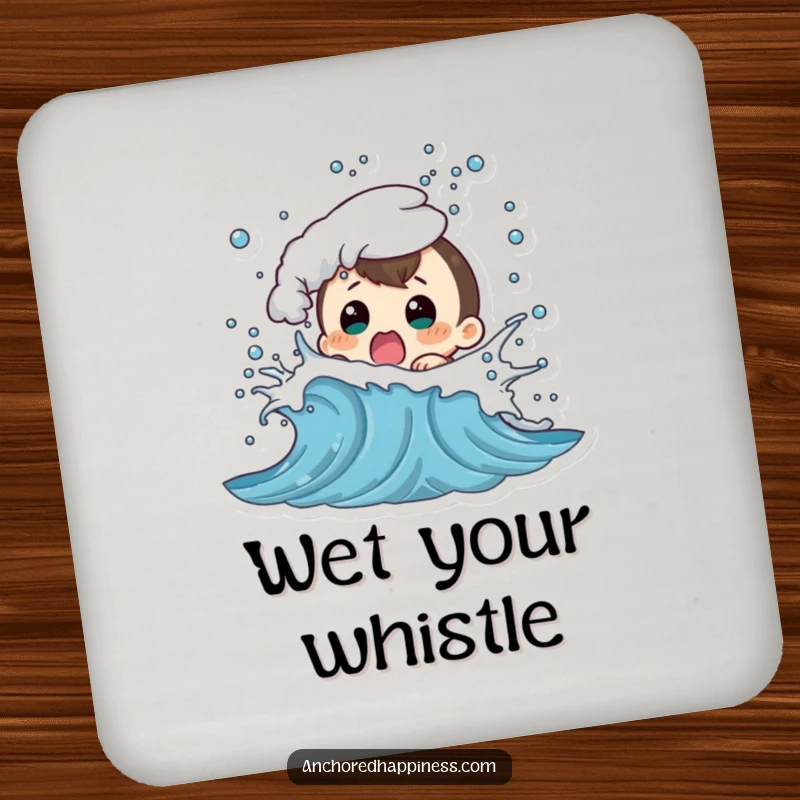 Funny drink coaster with a character hilariously shocked by a playful wave splash, protecting surfaces with humor.