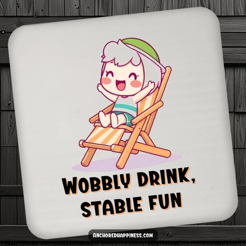Funny Wobble Coaster: A happy character attempts to balance on a wobbling deck chair, adding a humorous touch to your drink setup.