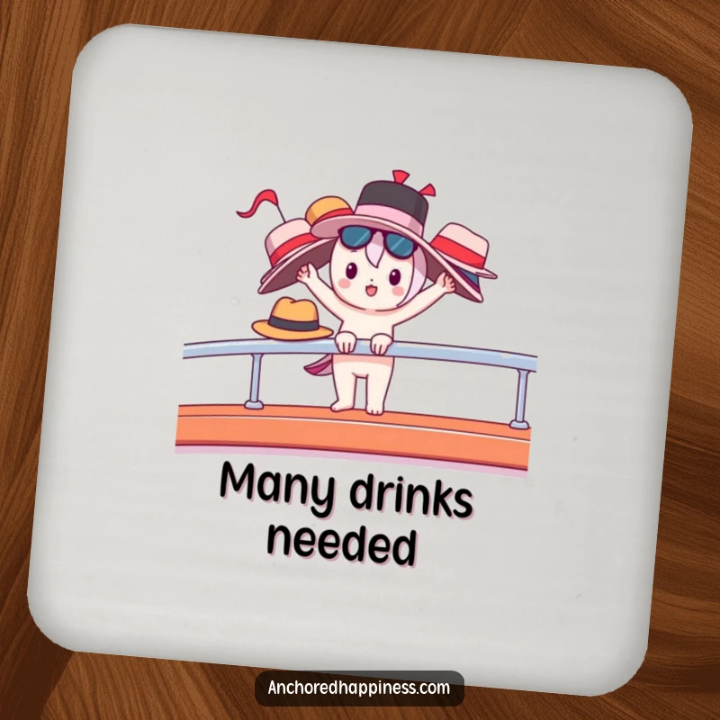 Funny drink coaster featuring a cute character balancing many hats on a yacht railing, adding luxury charm.