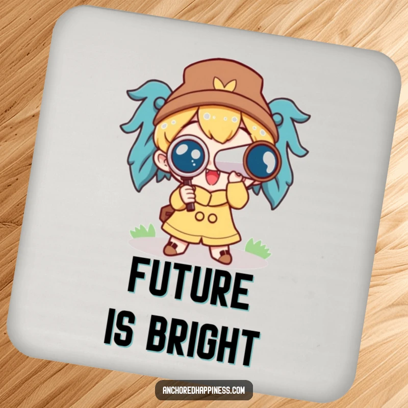Funny drink coaster with a cute character holding a spyglass, looking ahead excitedly, protecting surfaces with humor.