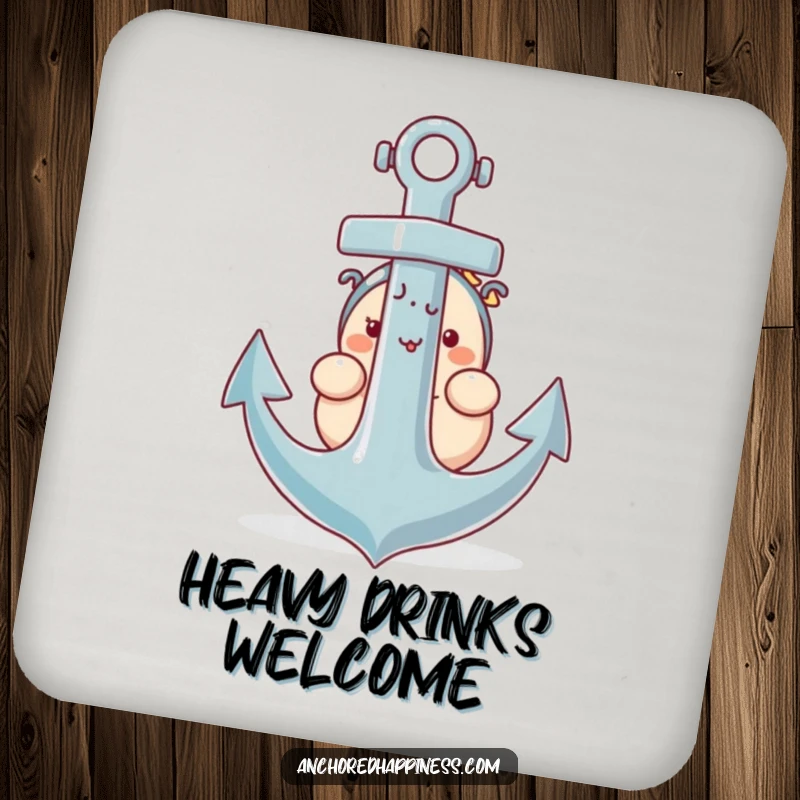 Funny drink coaster showing a plump character shyly peeking from behind a giant anchor.