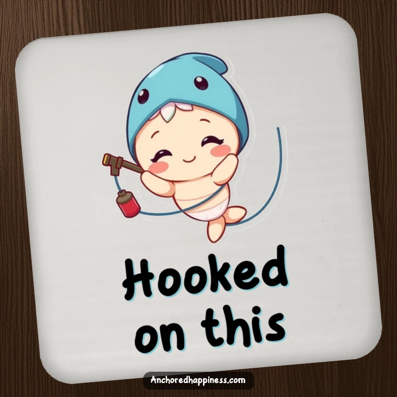 Funny drink coaster featuring a cute character smiling while comically tangled in fishing line, protecting surfaces with humor.