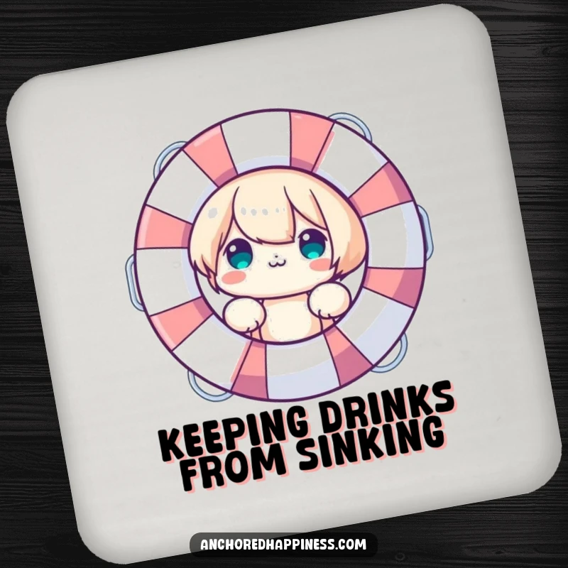 Funny Coaster: Cute character peeking from behind a large life preserver, protecting surfaces with playful safety, a small funny gift.