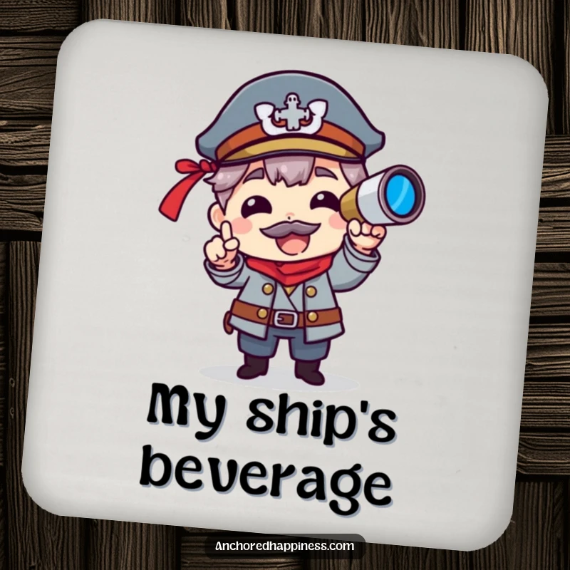 Funny drink coaster with a character acting like a captain, spyglass aimed, offering playful protection and humor.