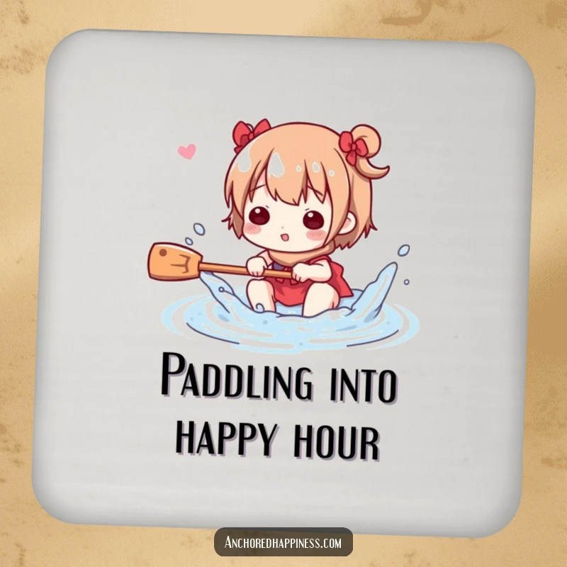 Funny Coaster: Cute character playfully splashing water with a small oar, protecting surfaces with aquatic fun, a small funny gift.