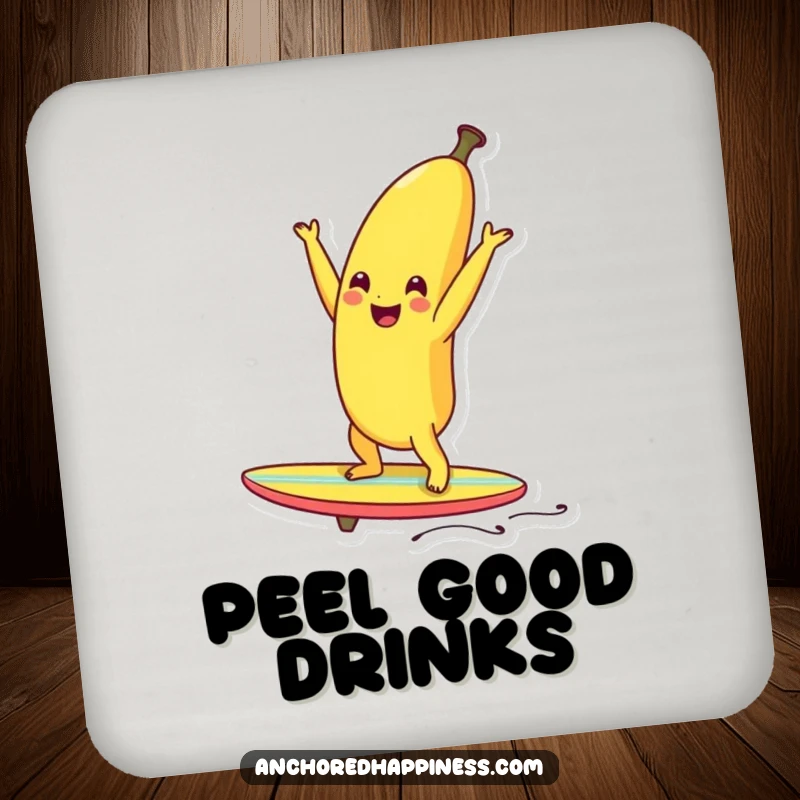 Funny smiling banana doing a handstand on a tiny surfboard, a humorous coaster design.