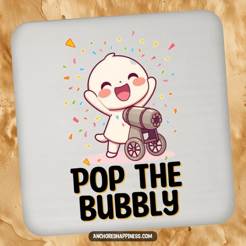 Funny drink coaster showing a joyful character firing a confetti cannon, with colorful confetti flying.