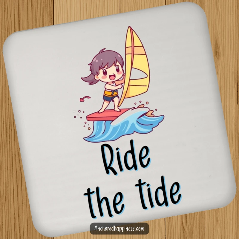 Funny drink coaster showing a character joyfully windsurfing on a small, colorful wave, bringing seaside fun to any table.