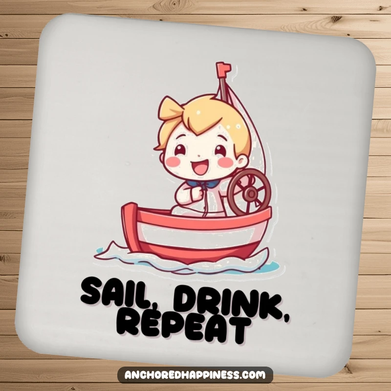 Funny drink coaster showcasing a tiny character with a cheerful grin, steering a miniature sailboat, adding humor to any table.