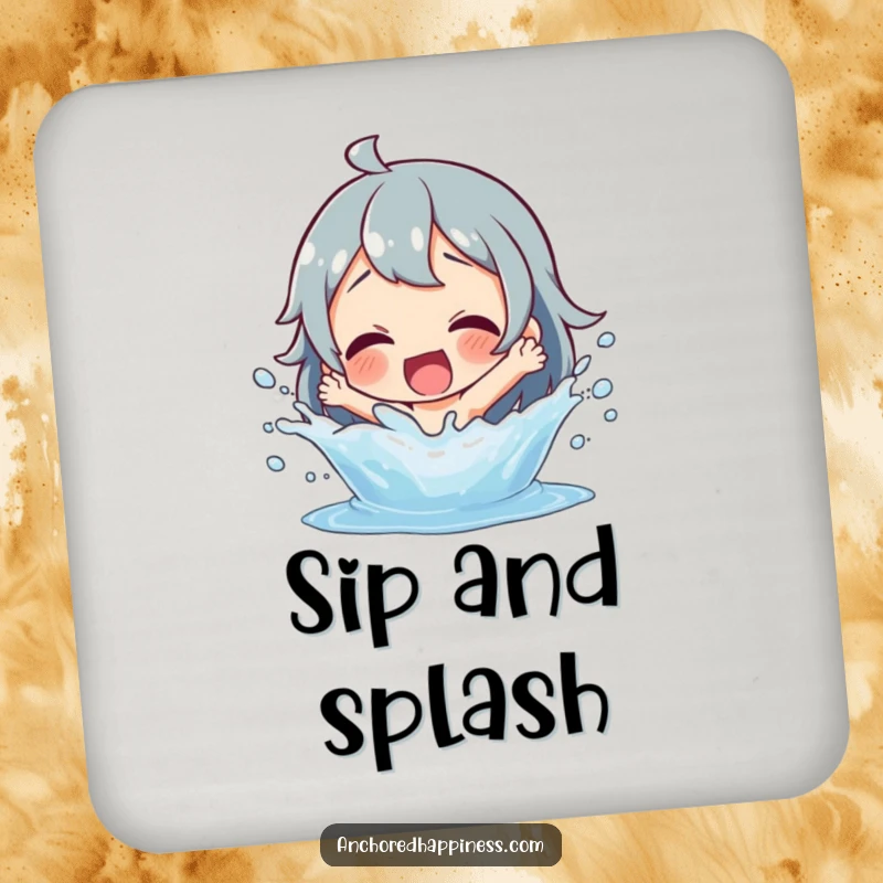Funny splashing fun drink coasters showcasing a delighted character playfully splashing water, perfect for adding humor to gatherings.
