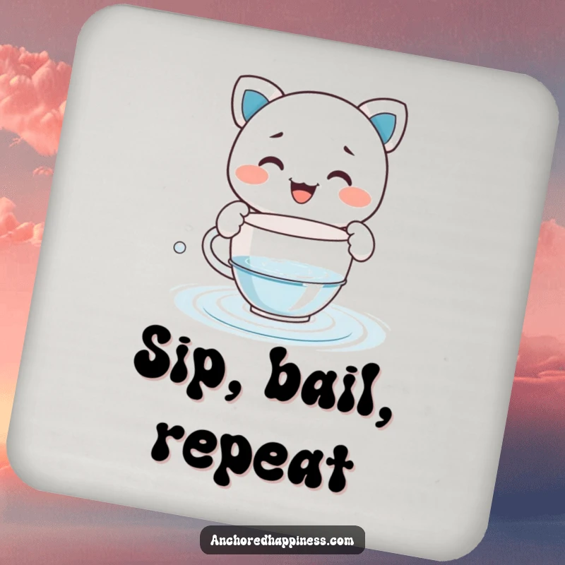 Funny drink coaster with a grinning character comically bailing water with a tiny teacup, protecting surfaces with witty charm.