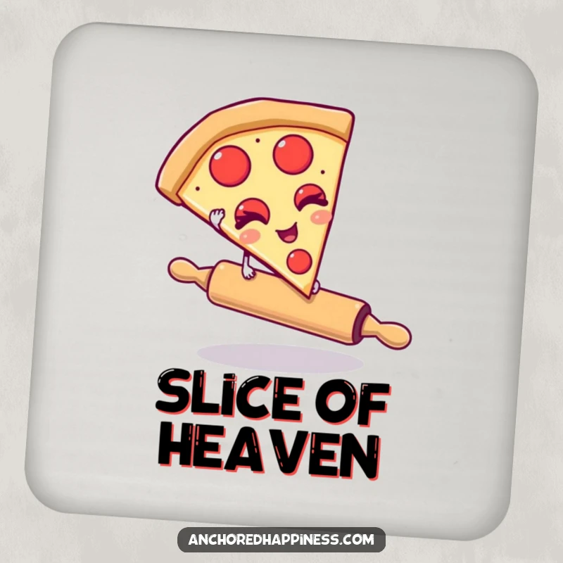 Funny drink coaster with a winking pizza slice balancing on a rolling pin. Humorous food-themed protection for tables. Small but funny.