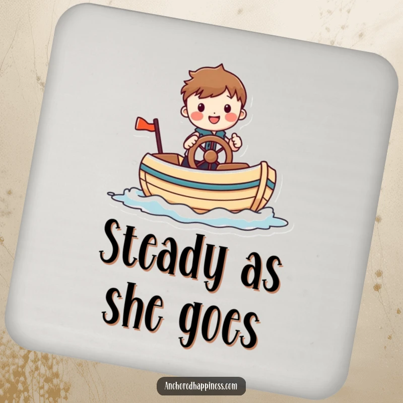 Funny drink coaster with a cheerful figure comically steering a small, whimsical boat, protecting surfaces with seaside charm and humor.