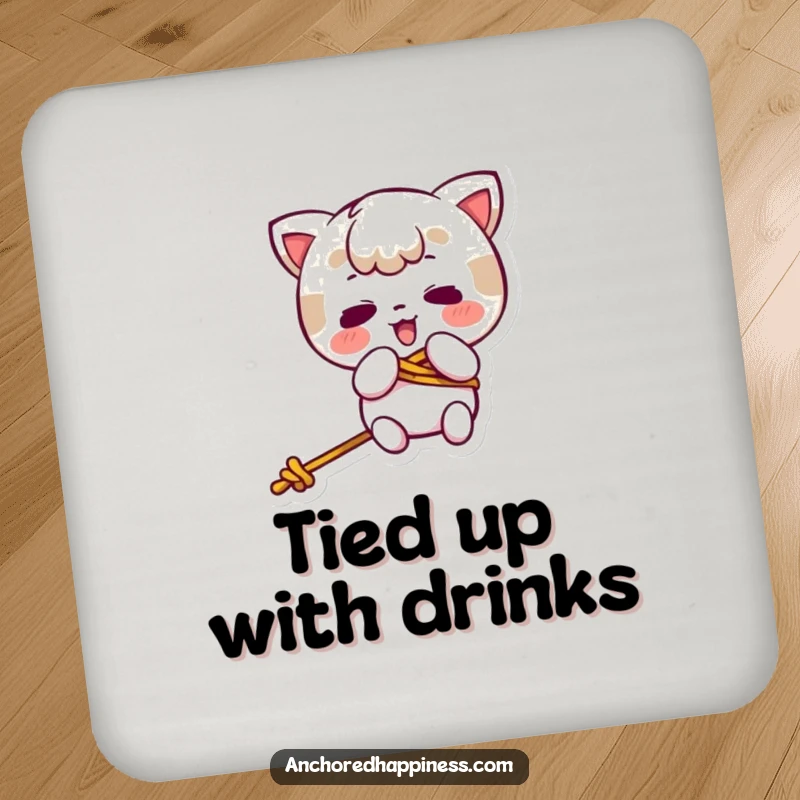 Funny kawaii character comically tangled in rope, a humorous drink coaster for protecting surfaces with a smile.