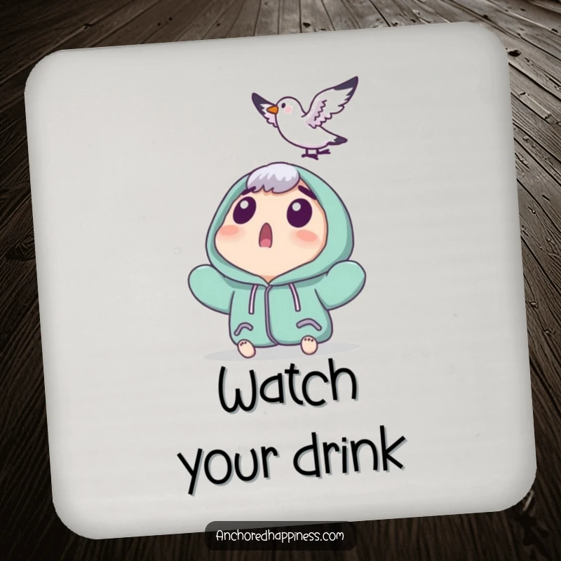 Funny drink coasters featuring a surprised character looking up as a tiny seagull lands, adding humor to any beverage setting.