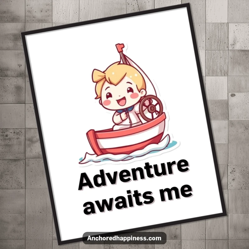 Funny poster featuring a tiny character with a wide grin, enthusiastically steering a miniature sailboat, capturing a moment of pure nautical glee.