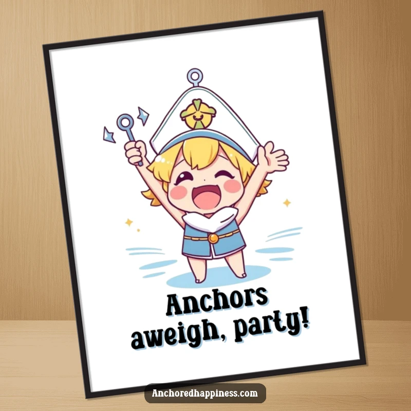 Funny anchor cheer poster featuring an animated character triumphantly holding a minuscule anchor, radiating pure excitement and nautical flair.