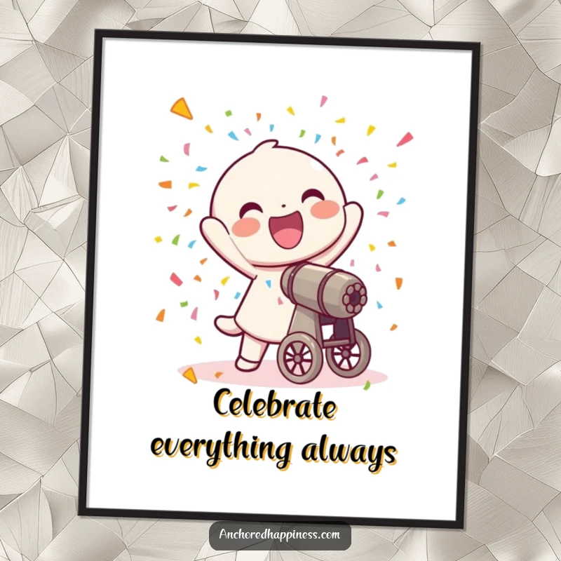 Funny poster art of a joyful character firing a confetti cannon, with colorful confetti raining down.