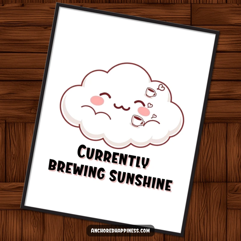 Funny poster art of a happy cloud exhaling small, perfect coffee cups. A cheerful and humorous decoration for any coffee lover's space. Great wall art.