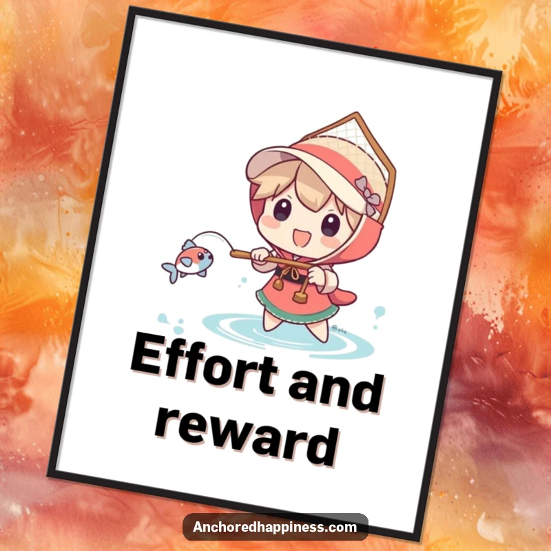 Funny poster art depicting a character joyfully using an oversized net to capture a tiny fish, highlighting humorous effort.