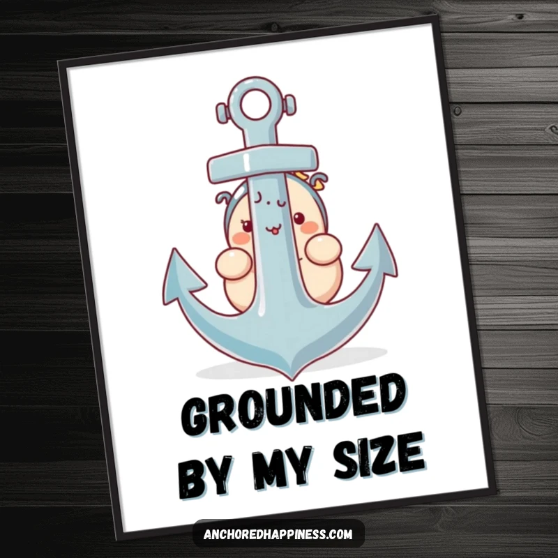 Funny poster art of a plump character peeking from behind a giant anchor, looking endearingly shy.