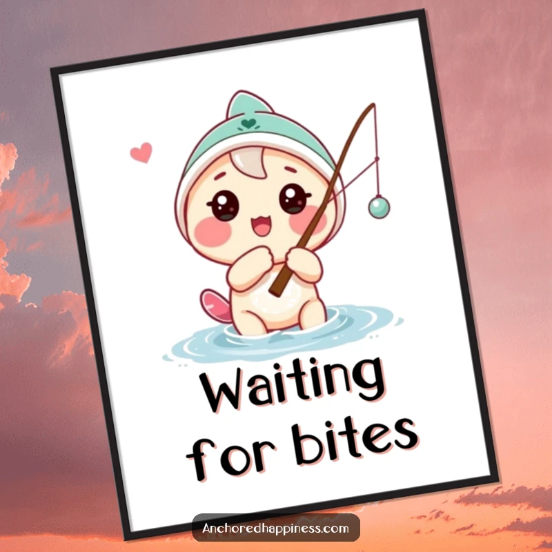 Funny poster showcasing a playful character casting a fishing line with a hopeful look, perfect for fishing enthusiasts and humorous decor.