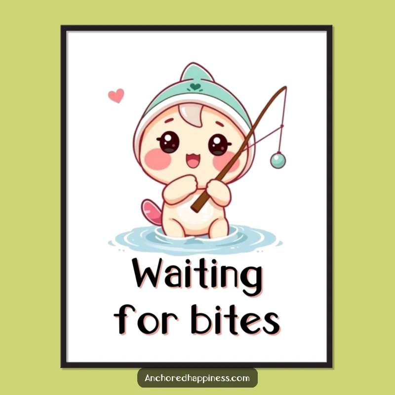 Funny Hopeful Angler Poster: Playful Character Fishing Art Print, Decorative Funny Gift