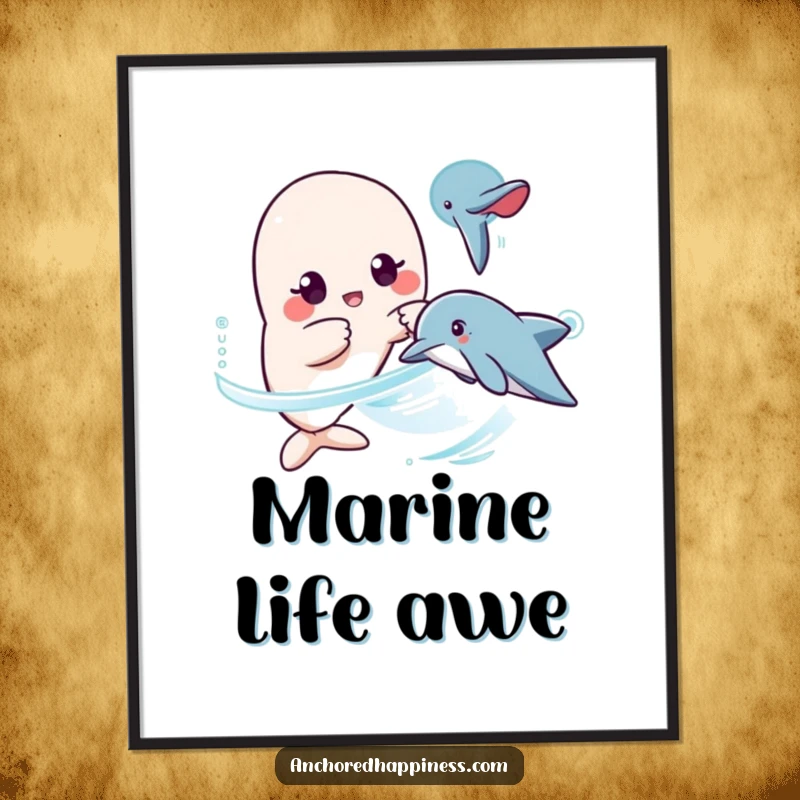 Funny kawaii dolphin surprise poster, character surprised, pointing at passing dolphin, humorous ocean artwork, printable wall decor gift.