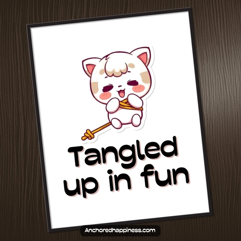 Funny kawaii character comically tangled in a rope, depicted in a humorous poster for playful wall art.