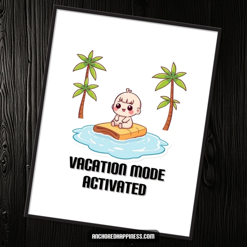 Funny kawaii character enjoying the sun on a tiny raft, depicted in a charming poster for humorous wall decor.