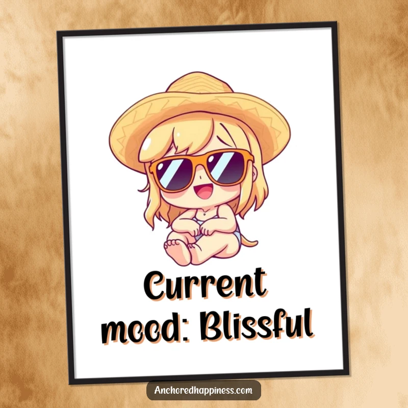 Funny poster art of a character wearing sunglasses and a straw hat, lounging with absolute delight and carefree joy.