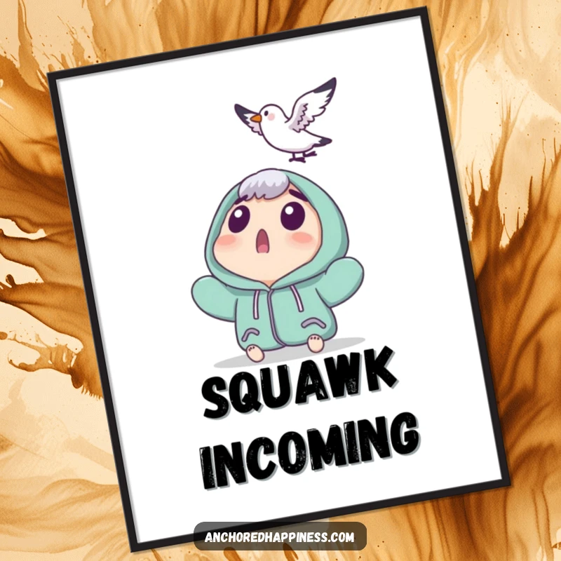 Funny poster illustrating a surprised character looking skyward as a tiny seagull lands nearby, creating a humorous and eye-catching scene.