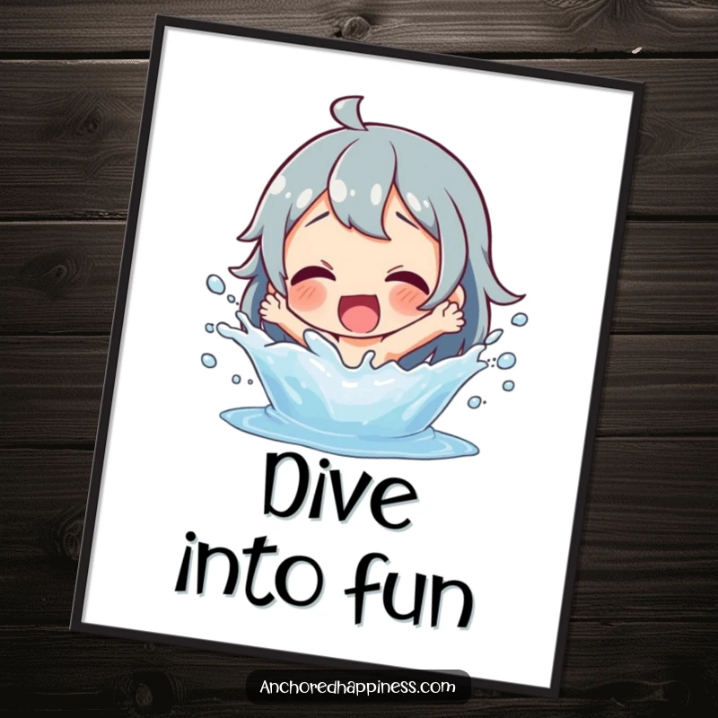 Funny splashing fun poster featuring a delightful character joyfully splashing water, bringing playful energy to any room.