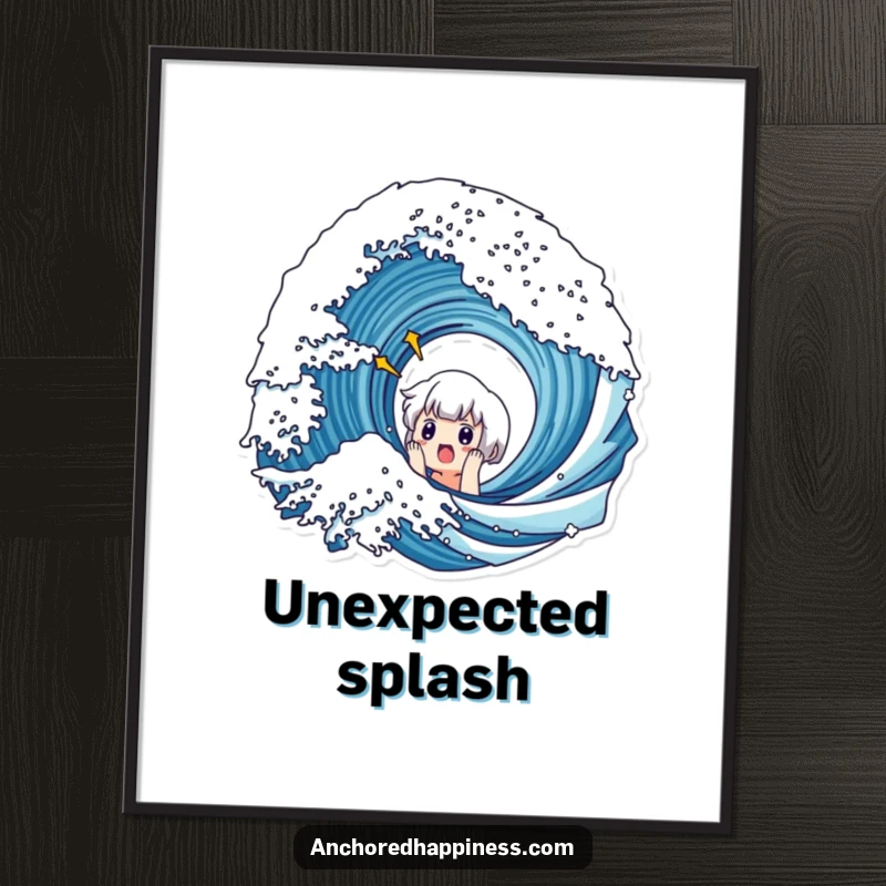 Funny poster art of a cute character showing extreme surprise and shock as a large ocean wave approaches them.