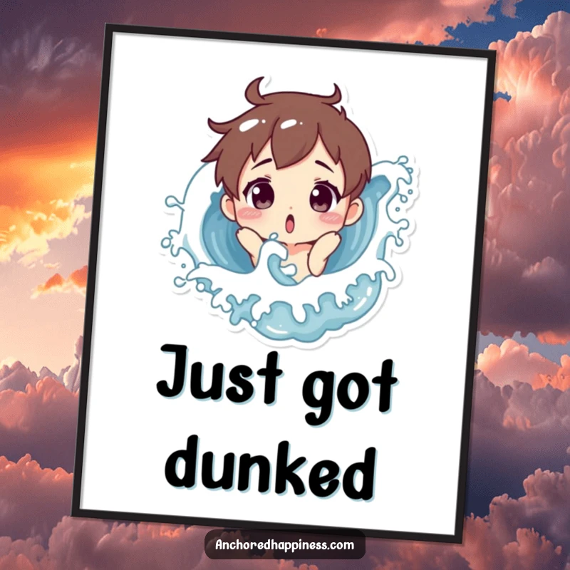 Funny poster artwork of a cartoon character with a surprised expression being playfully splashed by a frothy ocean wave, bringing coastal humor indoors.