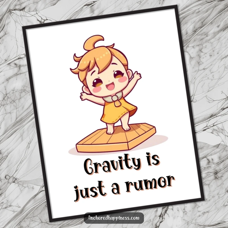 Funny poster showcasing a character performing a joyful, silly dance on a precariously tilted wooden deck, designed to amuse.