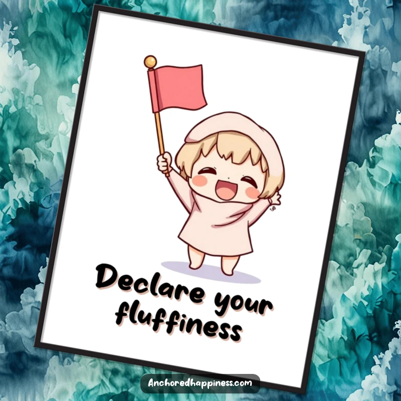 Funny Victory Poster: Small character excitedly brandishes a tiny, fluffy flag, a vibrant and cheerful piece perfect for inspiring smiles.