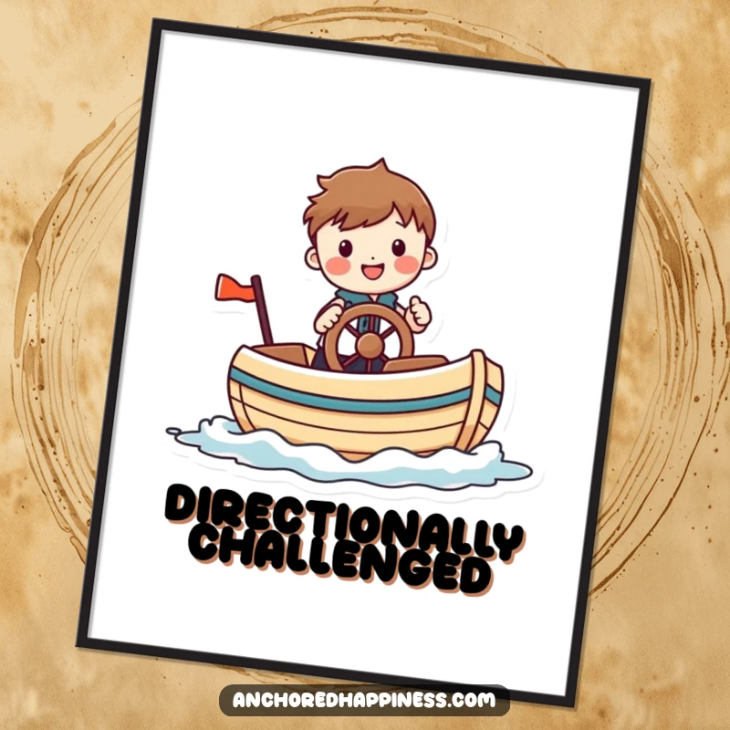 Funny poster showcasing a cheerful figure comically steering a small, whimsical boat, perfect for adding nautical vibes and humor to wall decor.
