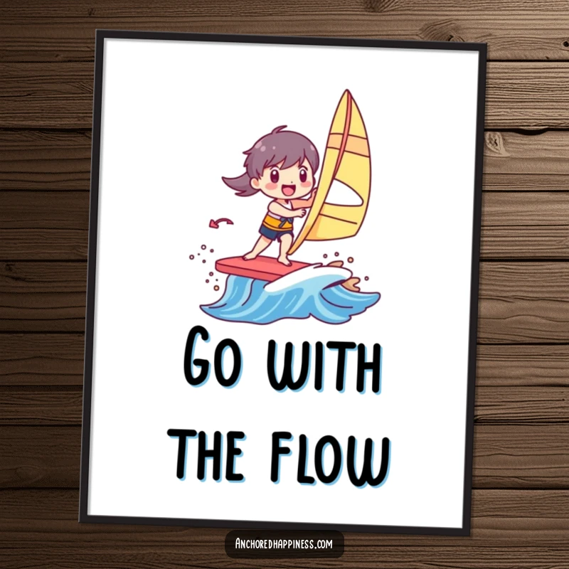 Funny poster featuring a character joyfully windsurfing on a small, bright, colorful wave, creating an atmosphere of energetic fun.