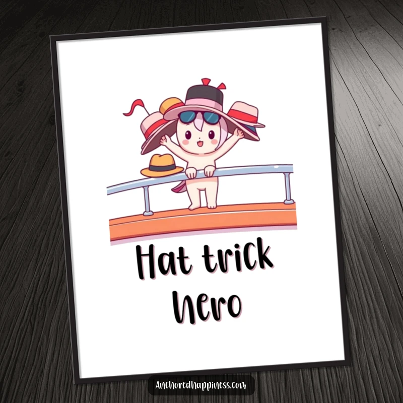 Funny poster of a cute character balancing numerous hats on a yacht railing, adding a touch of playful luxury.