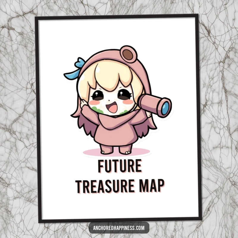 Funny kawaii 'Land Ho!' poster, character joyfully spots land through spyglass, vibrant and humorous artwork, celebrating discovery, cool wall decor gift.