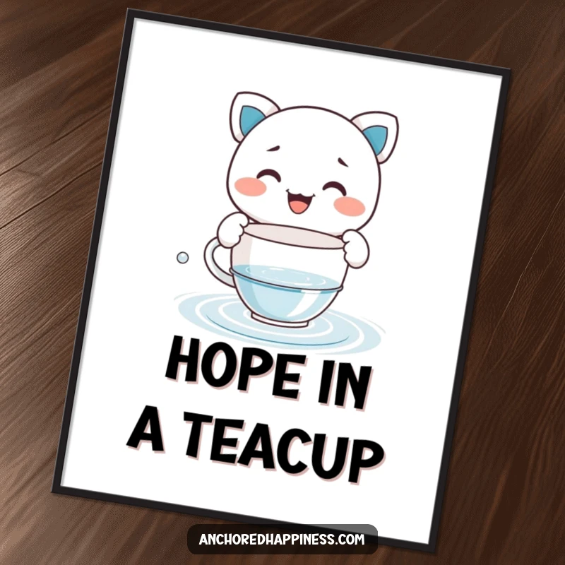 Funny poster art of a grinning character humorously bailing water with a tiny teacup, celebrating perseverance and wit.