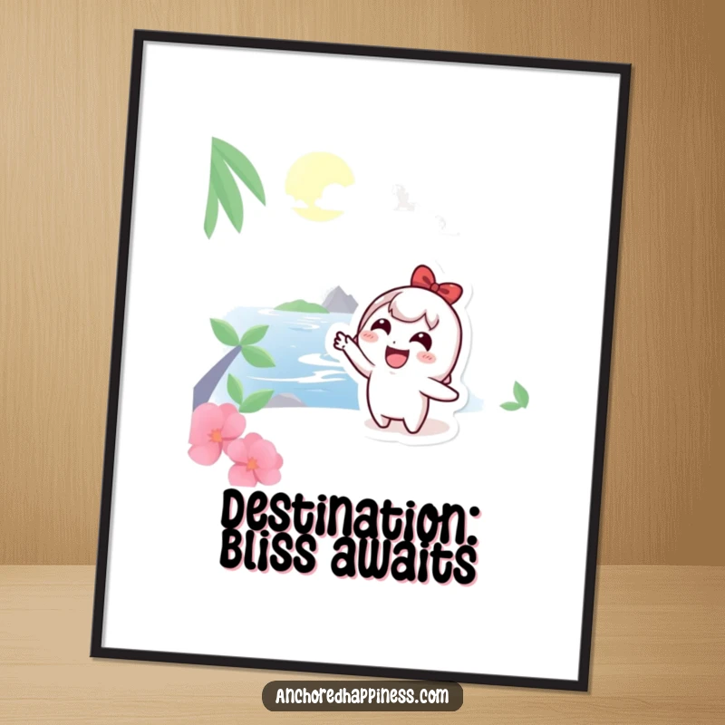 Funny Poster: Cute character joyfully pointing at a distant island, symbolizing dreams and adventure, a decorative and funny gift.