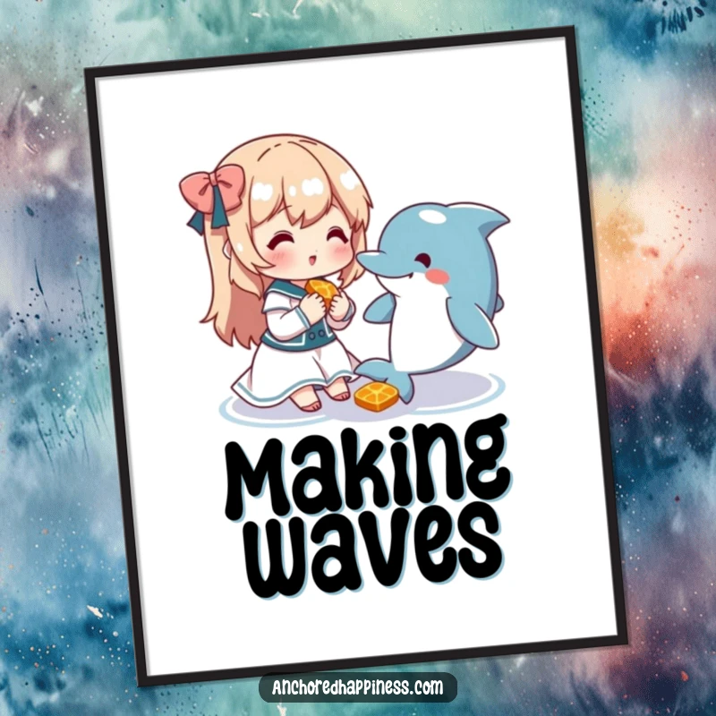 Funny poster art of a cute character sharing a snack with a friendly dolphin, a heartwarming and humorous scene.