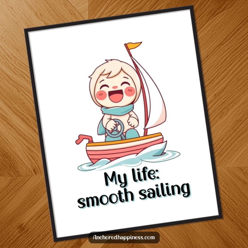 Funny poster of a beaming character giggling while steering a tiny toy sailboat, capturing a moment of pure delight.