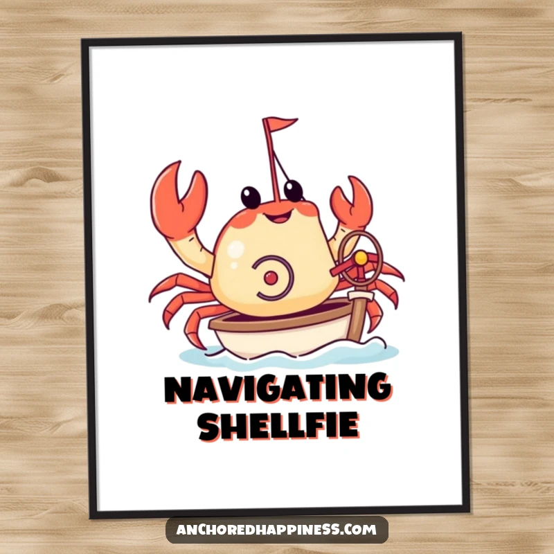 Funny poster art of a crab joyfully steering a miniature yacht with its tiny pincers. Whimsical nautical decor for any room. Great wall art.
