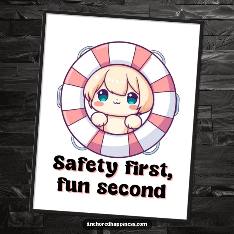Funny Poster: Cute character peeking from behind a large life preserver, adding playful safety to decor, a decorative funny gift.
